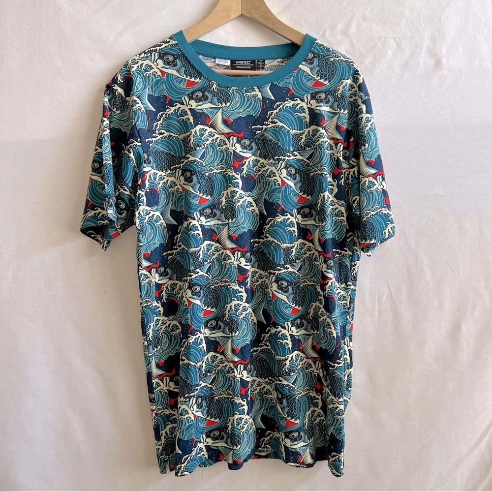 WESC Max Koi Style Turquoise Fish Print Cotton Shirt.  Size L